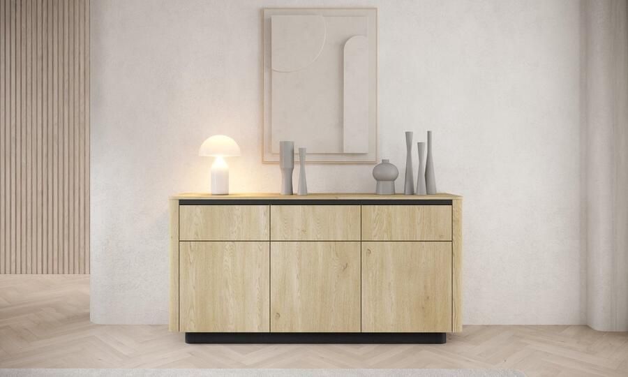 Maxi Maja TORRO 3s3d ladekast met 3 laden en legplanken 3 draaideuren ruime commode voor woon- en slaapkamer breedte 163 cm decor eik cremona + zwart