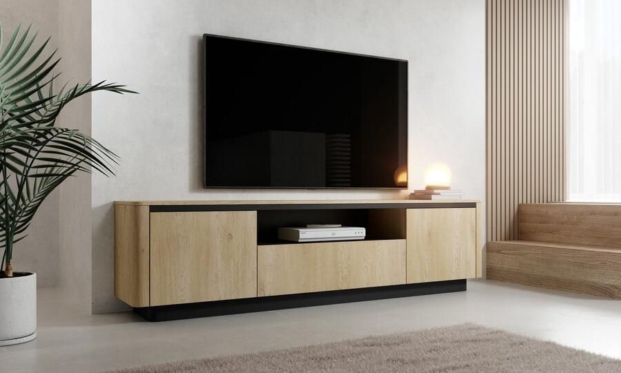 Maxi Maja TORRO TV meubel staand TV meubel met legplanken 3 scharnierende fronten breedte 200 cm ergonomisch tv meubel cremona eik decor + zwart
