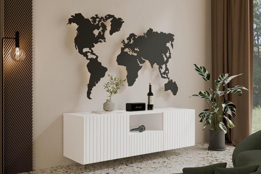 Maxi Maja TV kast MIO 140 staand hangend TV meubel breedte 140 cm kleur wit 3 fronten met legplanken hoge poten woonkamer meubels