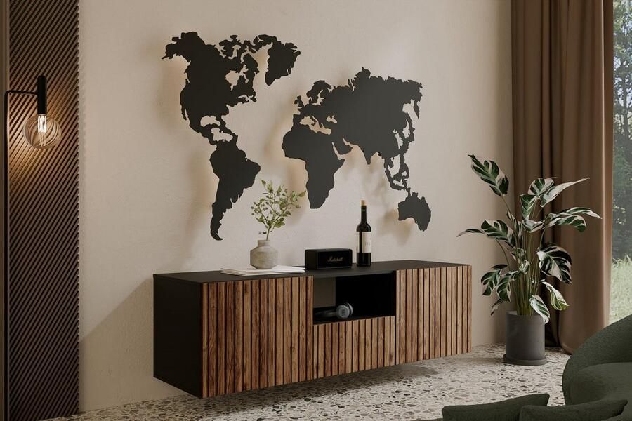 Maxi Maja TV kast MIO 140 staand hangend TV meubel breedte 140 cm -zwart + Catania decor 3 fronten met legplanken hoge poten woonkamer meubels