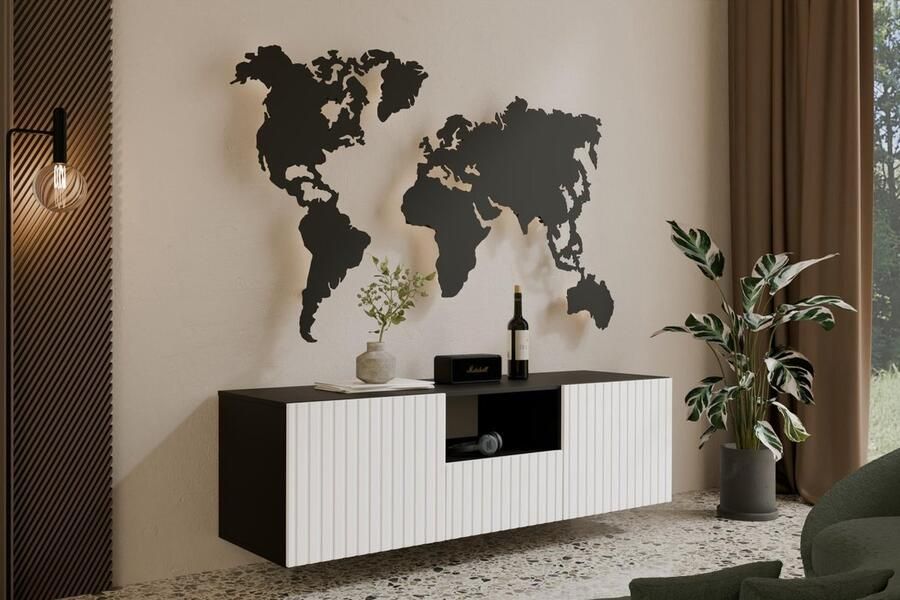 Maxi Maja TV kast MIO 140 staand hangend TV meubel breedte 140 cm -zwart + wit 3 fronten met legplanken hoge poten woonkamer meubels