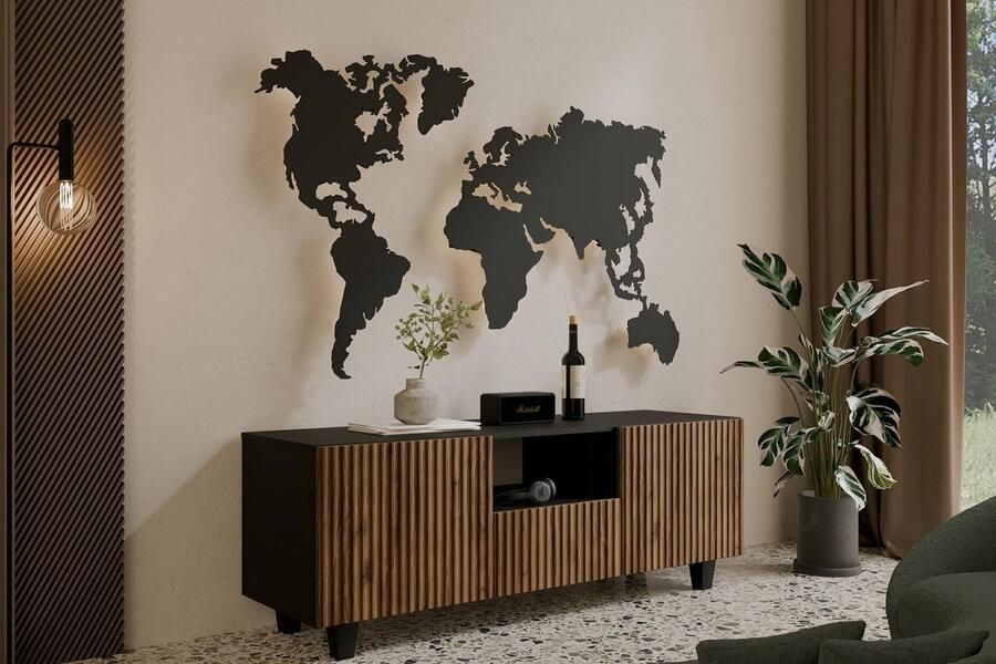 Maxi Maja TV kast NOE 140 staand hangend TV meubel breedte 140 cm kleur zwart + Catania 3 fronten met legplanken hoge poten woonkamer meubels