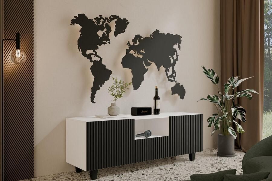 Maxi Maja TV kast NOE 140 staand hangend TV meubel breedte 140 cm witte + zwarte kleur 3 fronten met legplanken hoge poten woonkamer meubels