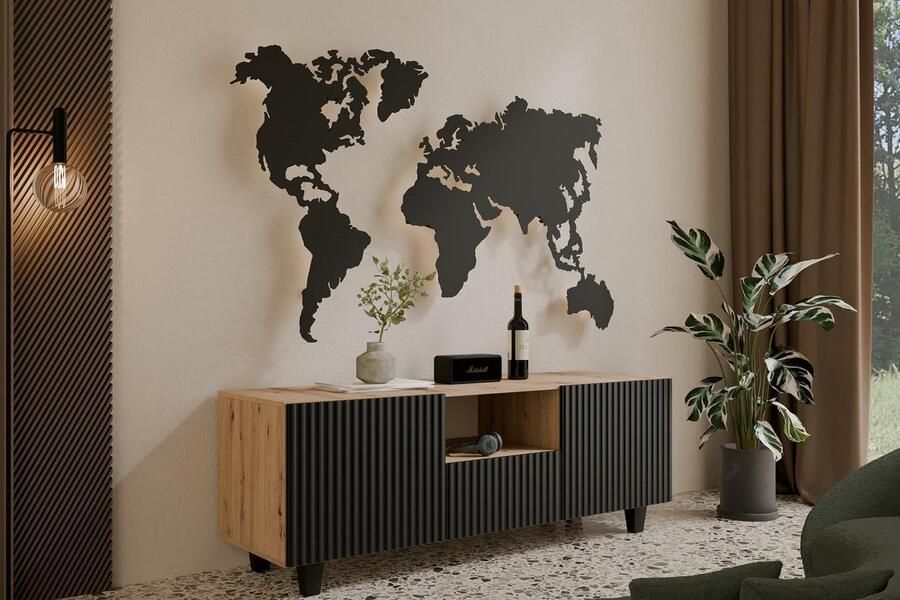 Maxi Maja TV kast MIO 140 staand hangend TV meubel breedte 140 cm zwart gefreesde fronten eiken artisan 3 fronten met legplanken hoge poten woonkamer meubels