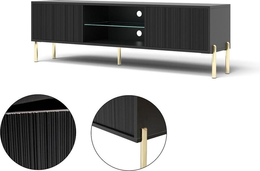 Maxi Maja TV-meubel 135 cm Oslo RTV 135 staande kast 2 deuren plank LED verlichting ergonomisch kleur zwart + goud compacte woonkamerkast