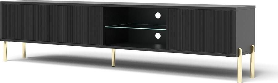 Maxi Maja TV-meubel 175 cm Oslo RTV 175 staande kast 3 deuren plank LED verlichting ergonomisch kleur zwart + goud hoge poten grote woonkamerkast