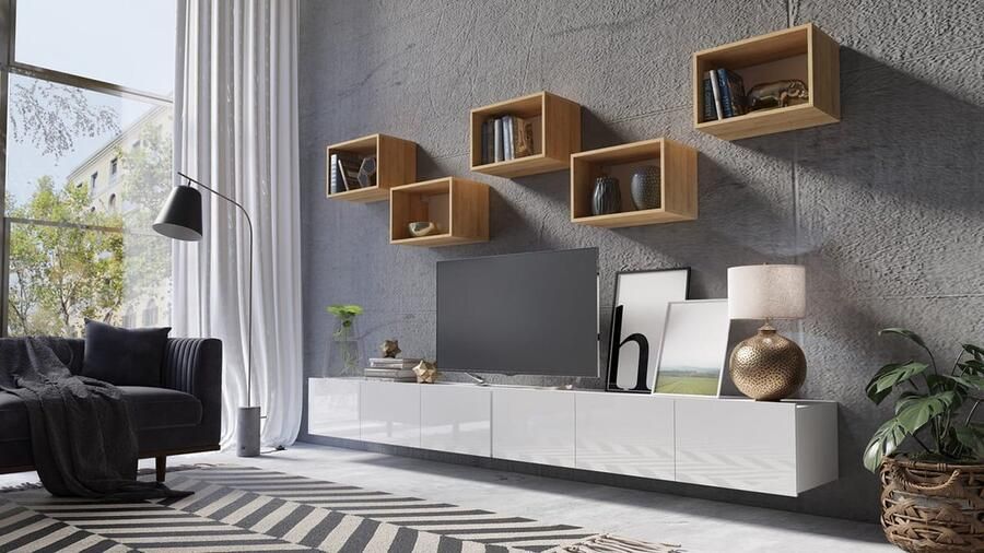 Maxi Maja TV-meubel 7 elementen TV-kast met ophangmogelijkheid 300 cm Wit glans goud eiken