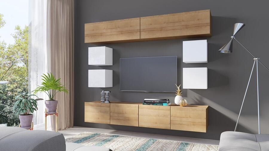 Maxi Maja TV-meubel CALABRINI 16 Hangmeubel Wit + Gouden Eik 210 cm