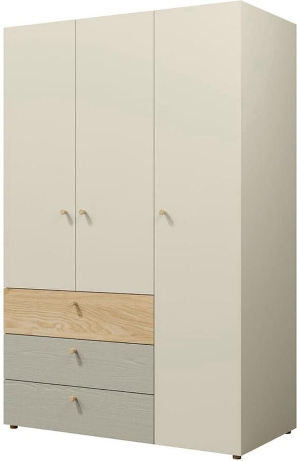 Maxi Maja Yuki 1 kledingkast driedeurs kledingkast 120 cm grijsbeige geolied eiken met laden en planken