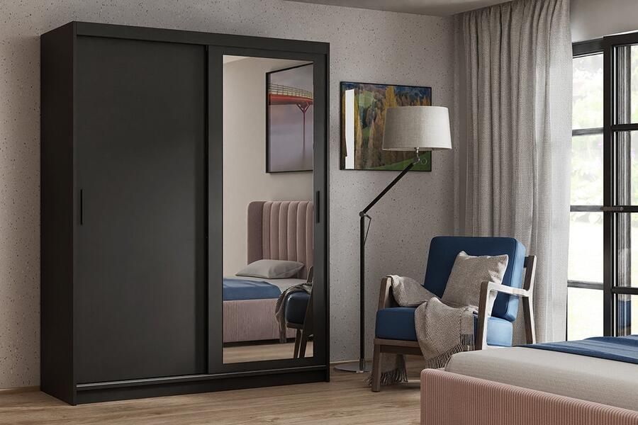 Maxi Maja Zwarte kledingkast met spiegel Kledingkast voor de kamer met planken Kledingkast met laden 100 cm