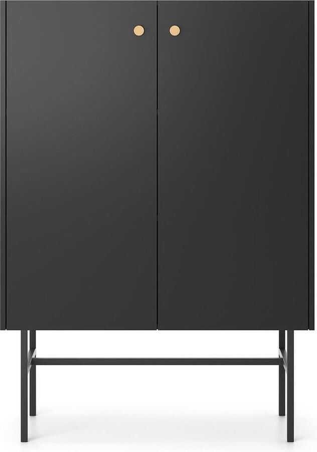 Maxi Maja Zwarte ladekast hoge ladekast met deuren 93 cm 2 deuren metalen poten en goudkleurige handvatten