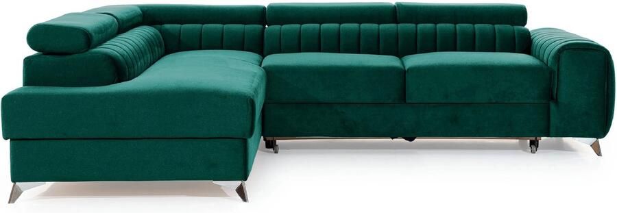 Maxi Maja OÜ Hoekbank L links flessengroen fluweel Huisdiervriendelijk comfortabele hoekbank breedte 278 cm 4-zits opklapbare hoekbank met opbergruimte voor beddengoed grote slaapfunctie vlekbestendige fluwelen stof verstelbare hoofdsteunen