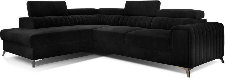 Maxi Maja OÜ Hoekbank L links zwart comfortabele hoekbank breedte 278 cm 4-zits opklapbare hoekbank met opbergruimte voor beddengoed grote slaapfunctie vlekbestendige fluwelen stof verstelbare hoofdsteunen