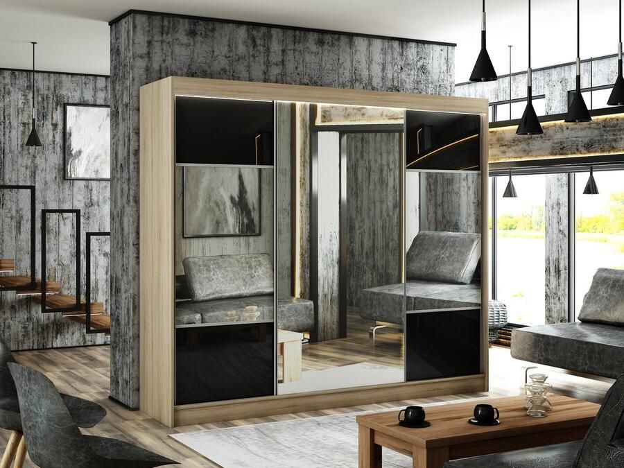 Maxi Maja OÜ Rico Sonoma Eiken schuifkast + spiegel + zwarte lacobel 250 Arton