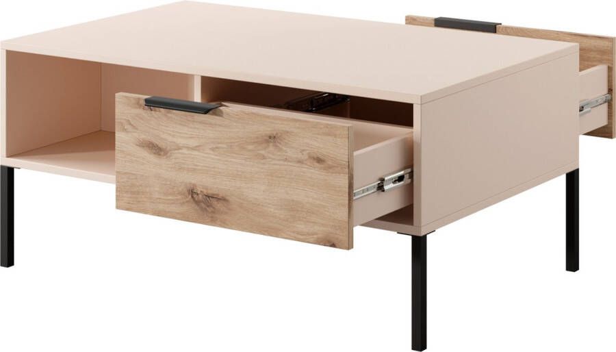 Maxi Maja RAVA salontafel Tafel met plank en lade Soft close Beige + Viking eik 96 cm
