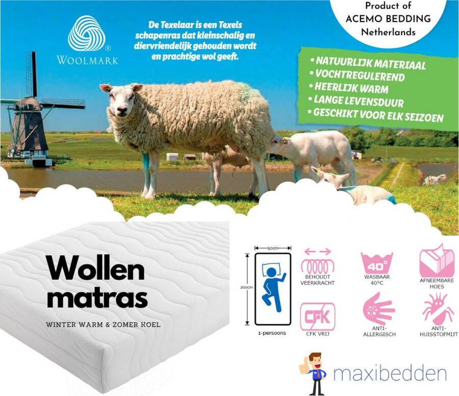 Maxibedden Wol Matras 90x200 16cm Winter warm & Zomer koel Kindermatras Texels wol
