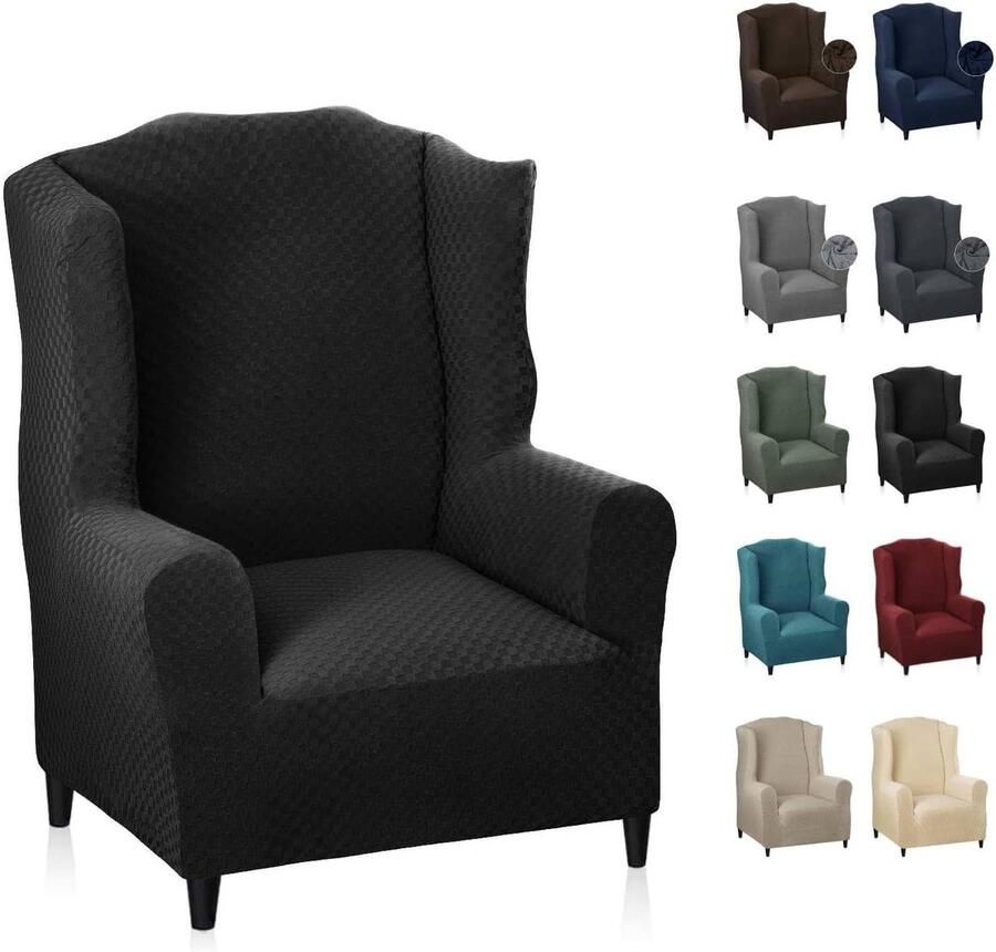 MAXIJIN elastische fauteuilhoes met oren 1 stuk jacquard bankbeschermer hoofdsteun bankhoes fauteuil met brede rugleuning (zwart)