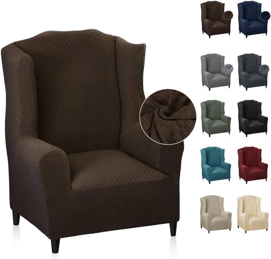 MAXIJIN elastische fauteuilhoes met oren 1 stuk jacquard bankbeschermer hoofdsteun bankhoes fauteuil met brede rugleuning (donkere koffie)