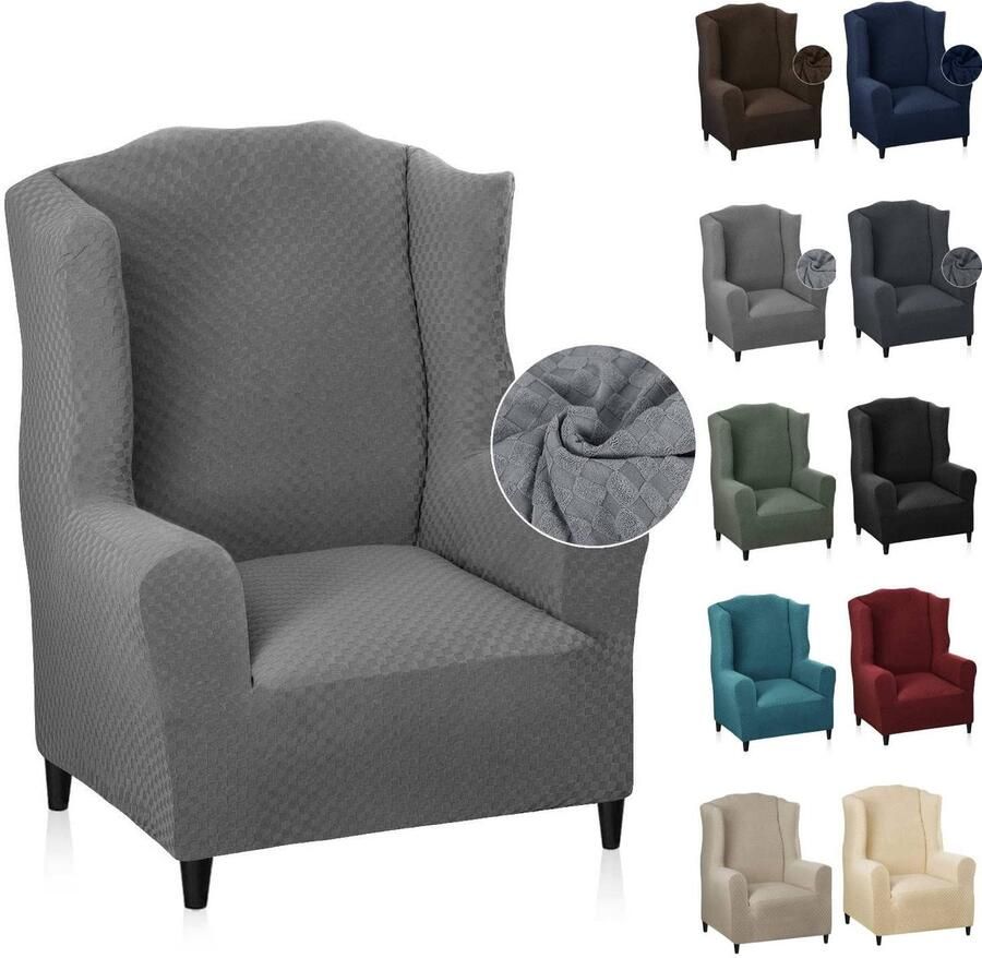 MAXIJIN elastische fauteuilhoes met oren 1 stuk jacquard bankbeschermer hoofdsteun bankhoes fauteuil met brede rugleuning (lichtgrijs)
