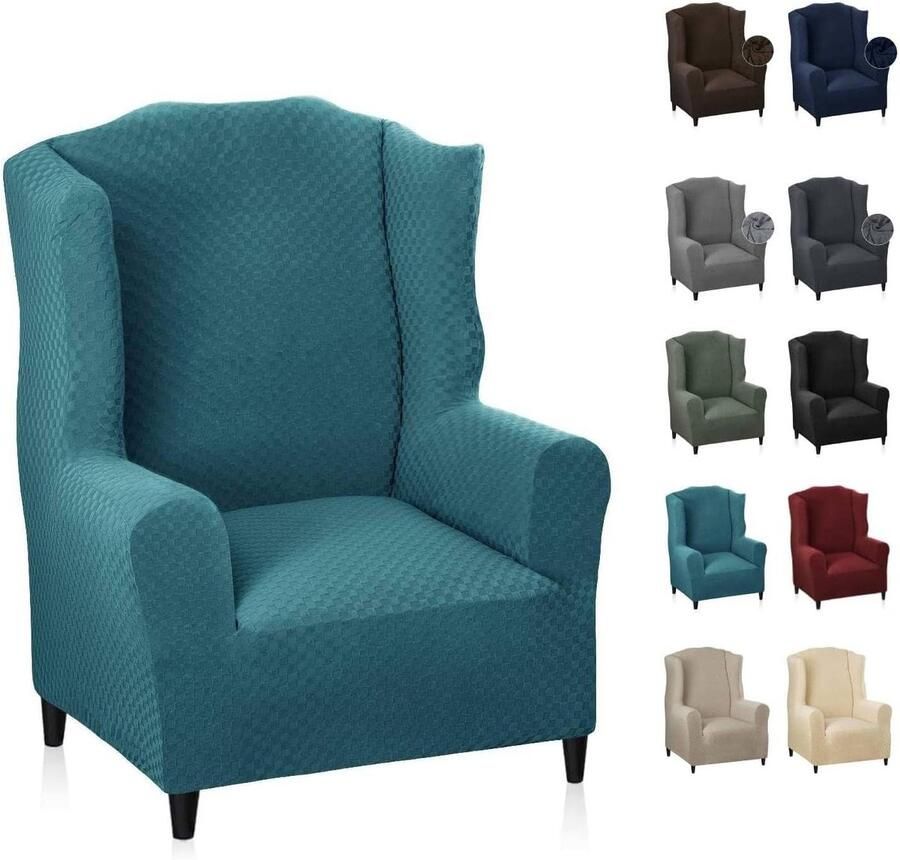 MAXIJIN elastische fauteuilhoes met oren 1 stuk jacquard bankbeschermer hoofdsteun bankhoes fauteuil met brede rugleuning (pauwblauw)