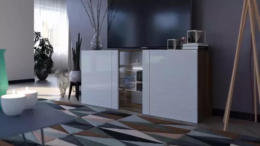 Maxima House CORA TV Meubel Eiken Hoogglans Wit Modern Design Met LED-verlichting Krasbestendig Ophangbaar