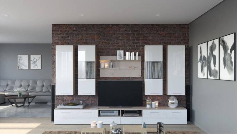 Maxima House DREAM II TV Set Sonoma Eiken Wit Hoogglans 6 Delig Modern Design