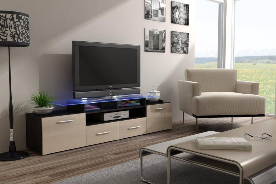 Maxima House EVORA Hoogglans TV Meubel Inclusief LED Beige Wenge Oak 195cm Modern Design