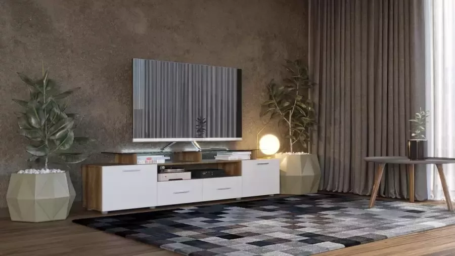 Maxima House EVORA S TV Meubel Hoogglans Inclusief LED Inclusief Glas 195 cm Country Eiken Wit Modern Design