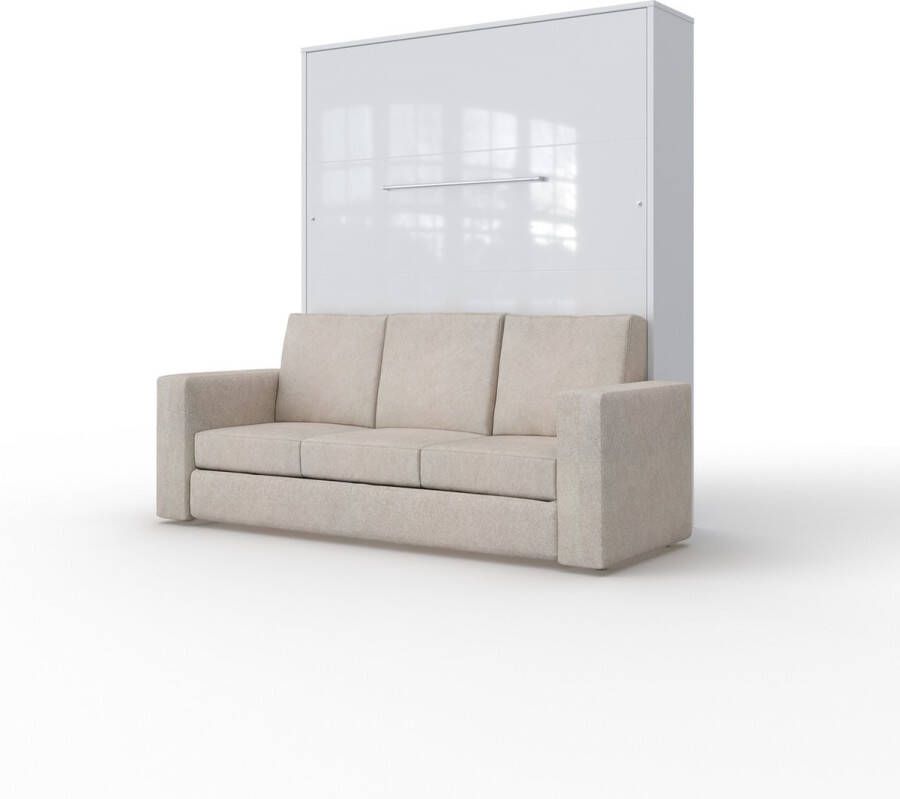 Maxima House INVENTO SOFA Elegance Verticaal Vouwbed Inclusief Hoekbank Logeerbed Opklapbed Bedkast Inclusief LED Mat Wit + Beige Sofa 200x160 cm