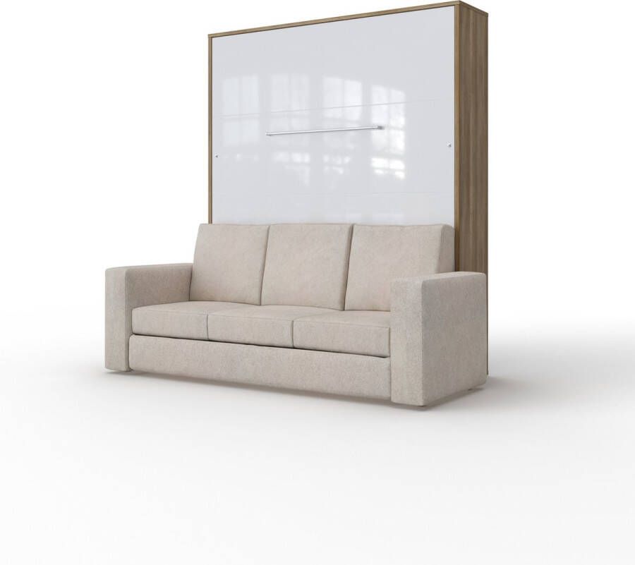 Maxima House INVENTO SOFA Elegance Verticaal Vouwbed Inclusief Hoekbank Logeerbed Opklapbed Bedkast Inclusief LED Country Eiken Hoogglans Wit + Beige Sofa 200x160 cm