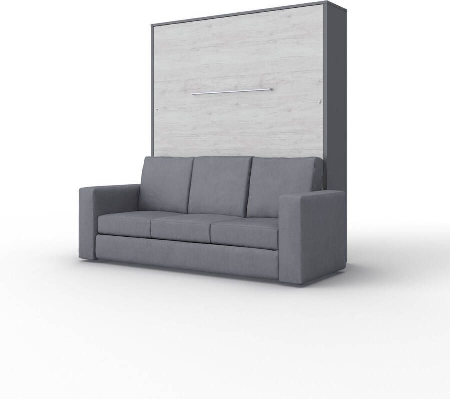 Maxima House INVENTO SOFA Elegance Verticaal Vouwbed Inclusief Hoekbank Logeerbed Opklapbed Bedkast Inclusief LED Mat Grijs Monaco Eiken + Antraciet Sofa 200x160 cm