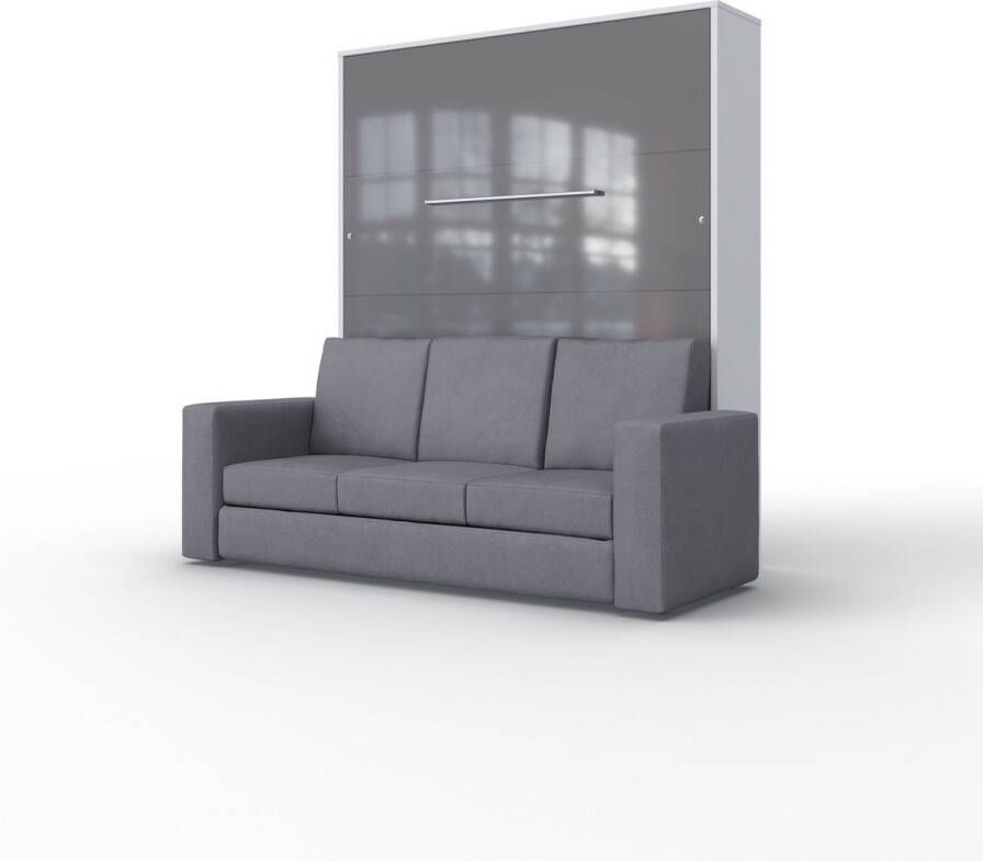 Maxima House INVENTO SOFA Elegance Verticaal Vouwbed Inclusief Hoekbank Logeerbed Opklapbed Bedkast Inclusief LED Wit Hoogglans Grijs + Antraciet Sofa 200x160 cm