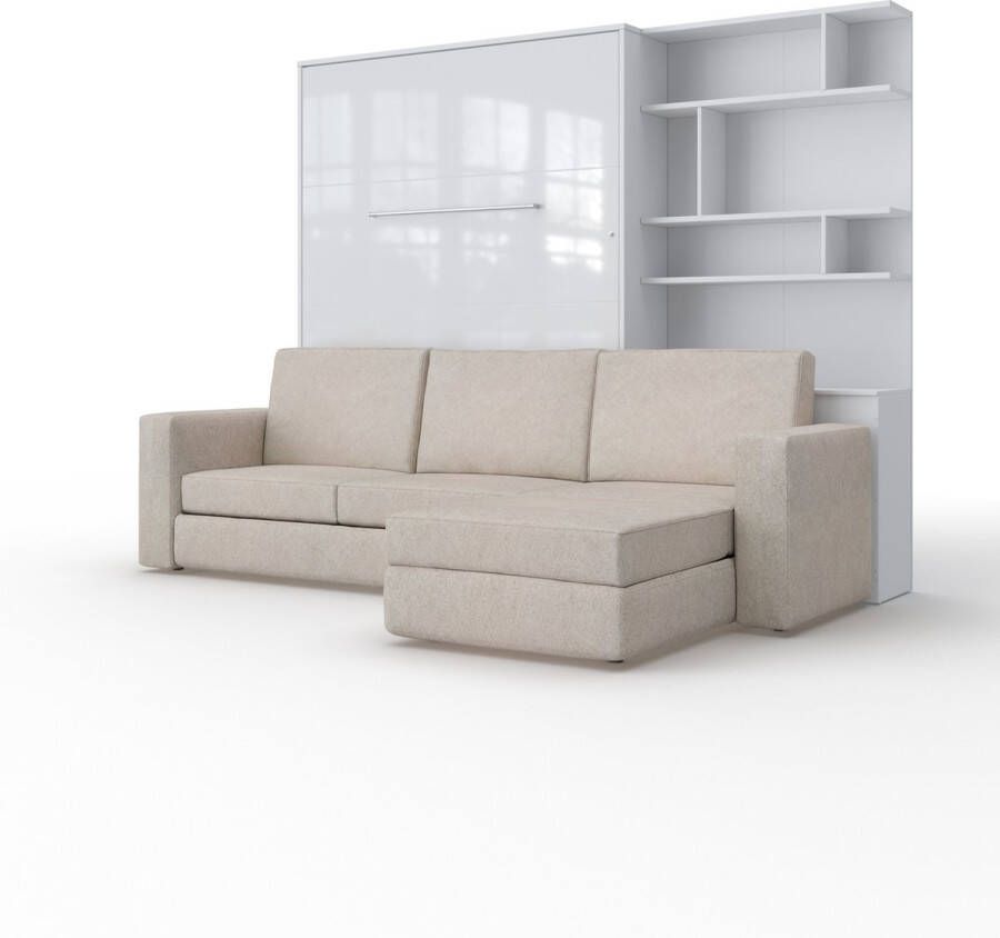Maxima House INVENTO SOFA MAX Elegance Verticaal Vouwbed Inclusief Hoekbank + Kast Logeerbed Opklapbed Bedkast Inclusief LED Hoogglans Wit + Beige Sofa 200x140 cm
