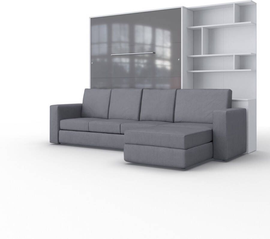 Maxima House INVENTO SOFA MAX Elegance Verticaal Vouwbed Inclusief Hoekbank + Kast Logeerbed Opklapbed Bedkast Inclusief LED Wit Hoogglans Grijs + Beige Bank 200x160 cm