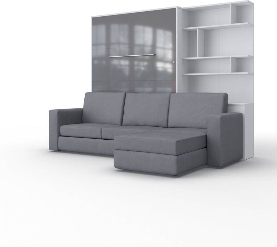 Maxima House INVENTO SOFA MAX Elegance Verticaal Vouwbed Inclusief Hoekbank + Kast Logeerbed Opklapbed Bedkast Inclusief LED Wit Hoogglans Grijs + Antraciet Sofa 200x140 cm