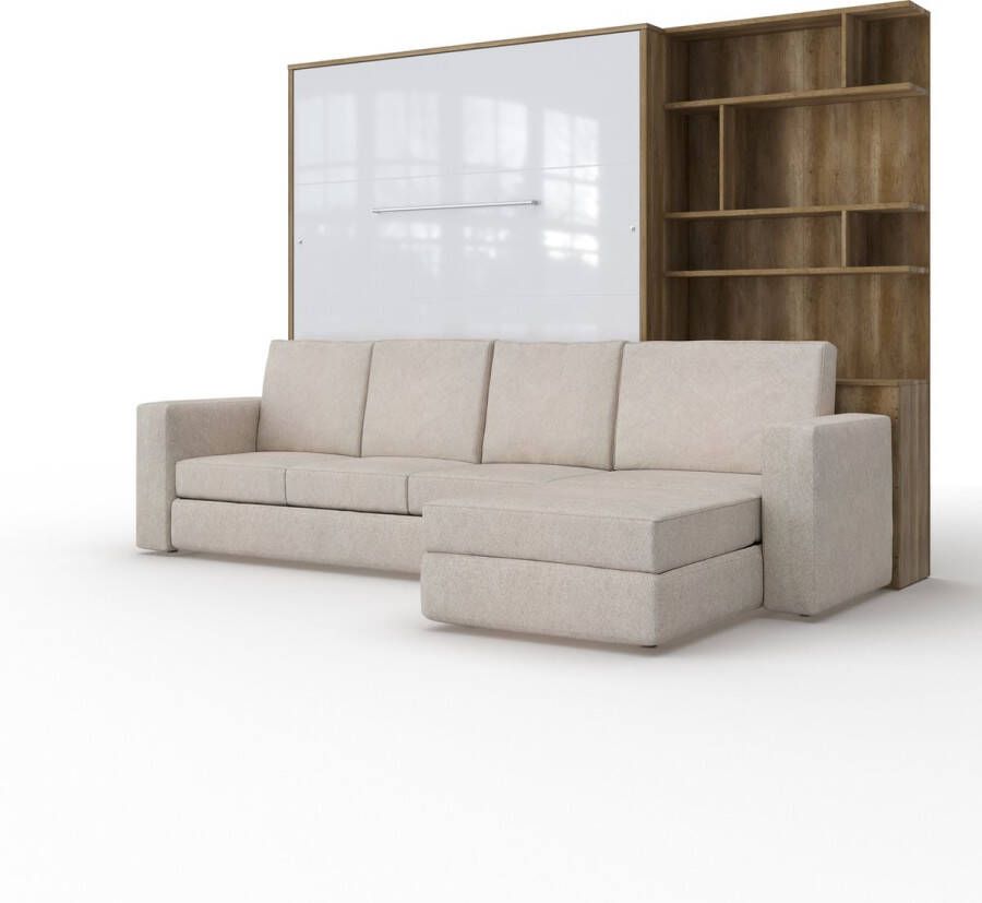 Maxima House INVENTO SOFA MAX Elegance Verticaal Vouwbed Inclusief Hoekbank + Kast Logeerbed Opklapbed Bedkast Inclusief LED Country Eiken Wit Hoogglans + Beige Bank 200x160 cm