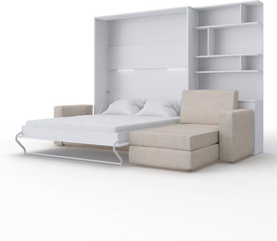 Maxima House INVENTO SOFA MAX Elegance Verticaal Vouwbed Inclusief Hoekbank + Kast Logeerbed Opklapbed Bedkast Inclusief LED Wit Hoogglans + Beige Bank 200x160 cm