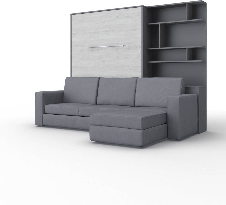 Maxima House INVENTO SOFA MAX Elegance Verticaal Vouwbed Inclusief Hoekbank + Kast Logeerbed Opklapbed Bedkast Inclusief LED Mat Grijs Monaco Eiken + Antraciet Sofa 200x140 cm