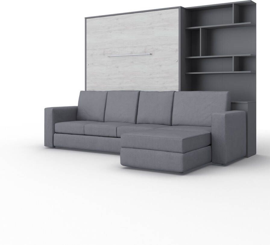 Maxima House INVENTO SOFA MAX Elegance Verticaal Vouwbed Inclusief Hoekbank + Kast Logeerbed Opklapbed Bedkast Inclusief LED Wit Hoogglans + Beige Bank 200x160 cm