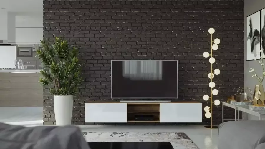 Maxima House VIGO II Zwevend TV Meubel inclusief LED TV Meubel Country Eik Hoogglans Wit TV Kast Meubel Modern Design 30x180x40 cm