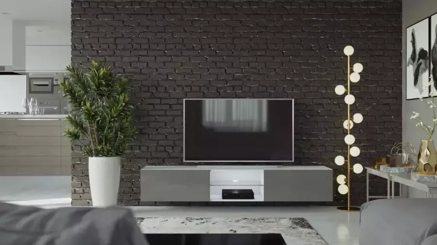 Maxima House VIGO II Zwevend TV Meubel inclusief LED TV Meubel Hoogglans Grijs Wit TV Kast Meubel Modern Design 30x180x40 cm