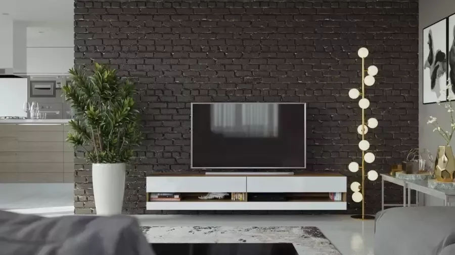 Maxima House VIGO III Zwevend TV Meubel inclusief LED TV Meubel Country Eik Hoogglans Wit TV Kast Meubel Modern Design 30x180x40 cm