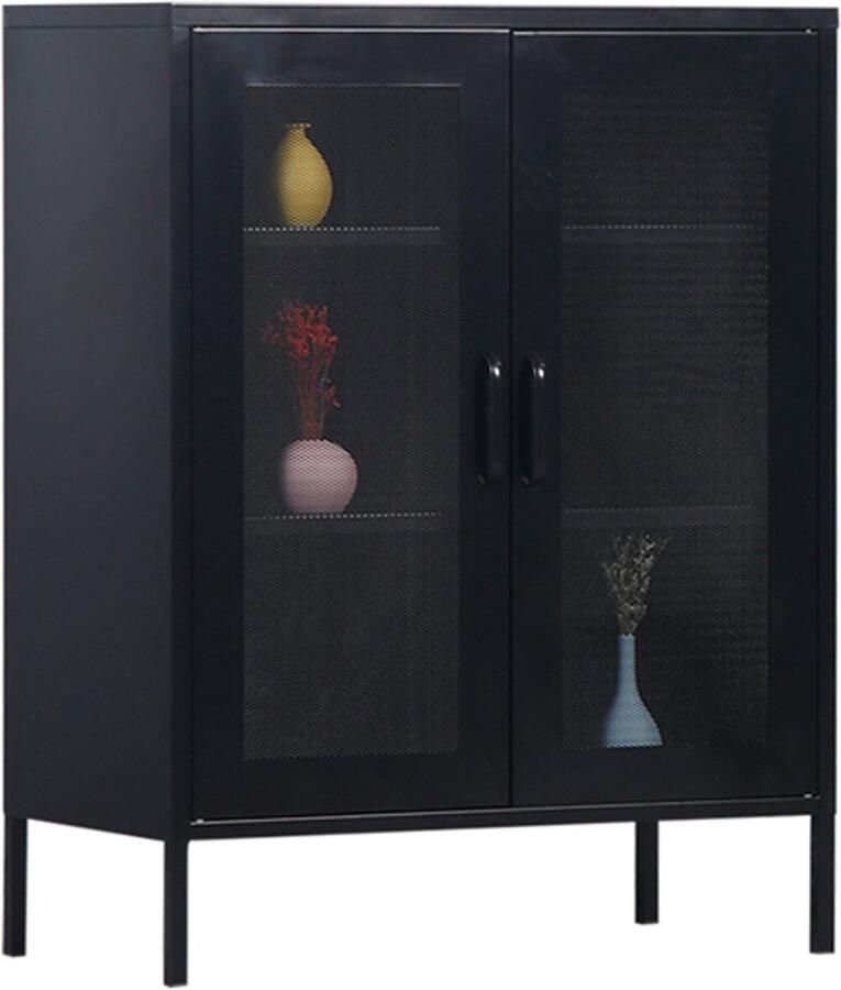 MaximaVida metalen locker vitrine kast Finn 100 x 80 x 40 cm zwart 2 schappen