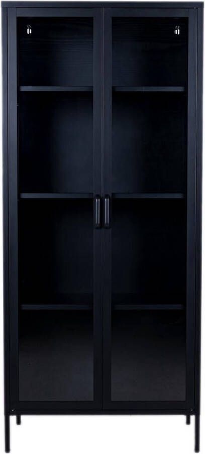 MaximaVida metalen locker vitrinekast Finn 80 x 35 x 180 cm zwart echt glas