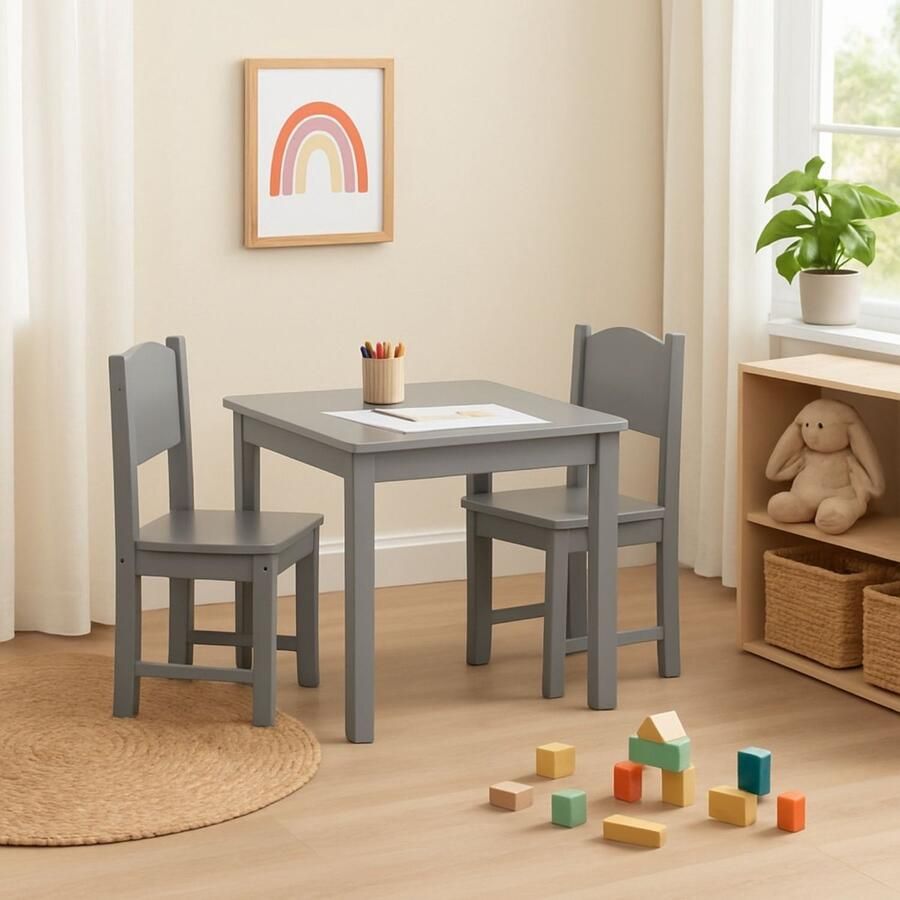 Maxx kidz Kindertafel met 2 Stoeltjes Speeltafel voor Kinderen Ideaal als Tekentafel Peuter Stoeltje met Tafel Kindermeubels van Hout Grijs