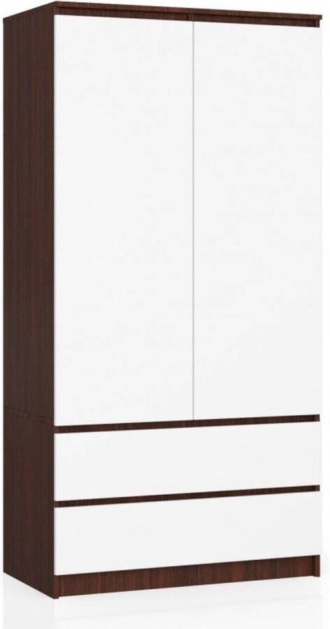 Maxy shop Kledingkast Met twee lades -Twee kleurig Noten Wit Hanggedeelte Leg gedeelte Slaapkamer kast