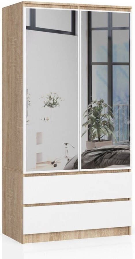 Maxy-shop Kledingkast Met Spiegel 90 cm Licht eiken wit Lades Slaapkamer