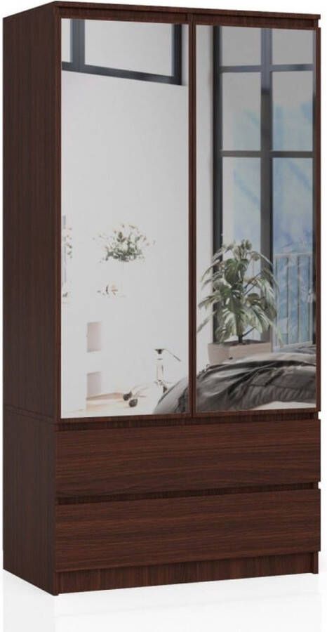 Maxy-shop Kledingkast Spiegel 90 cm Noten Lades Hanggedeelte Leggedeelte