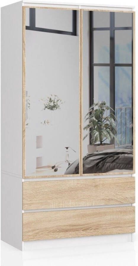 Maxy-shop kledingkast Met Spiegel 90 cm Wit Licht Eiken