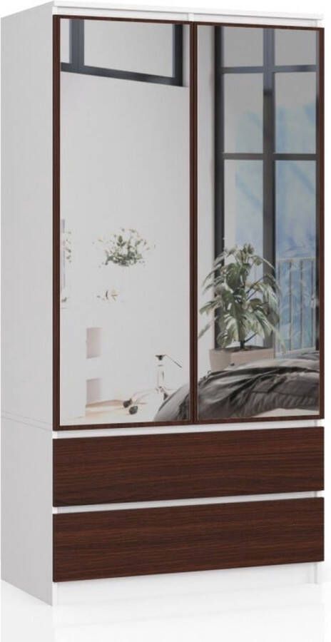 Maxy-shop Kledingkast Met Spiegel- 90 cm Wit noten Roedestang Legplanken Meerdere lades